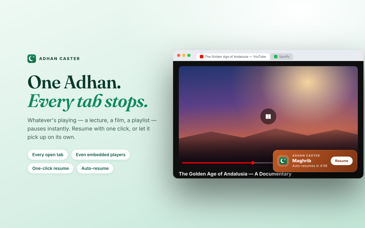 Media in a browser tab paused automatically at Adhan time with a corner countdown