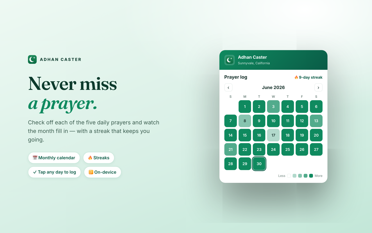 Monthly prayer-tracking calendar with a streak, days shaded by how many prayers were logged